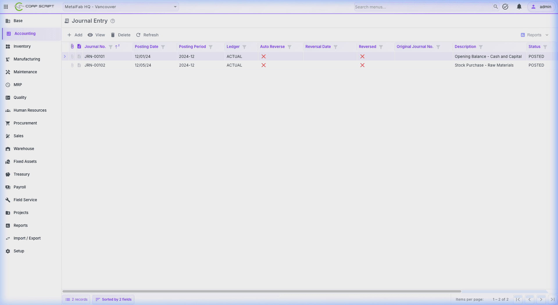 CorpScript Finance — Journal Entry list with posted transactions