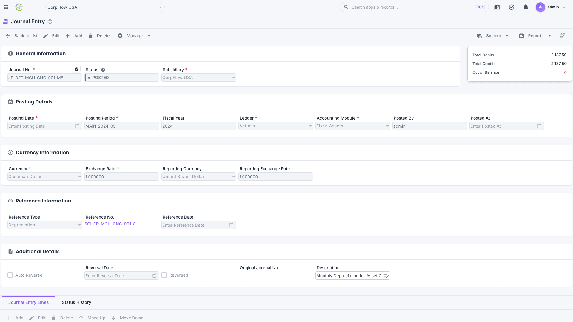 CorpFlow journal entry with audit-friendly document references
