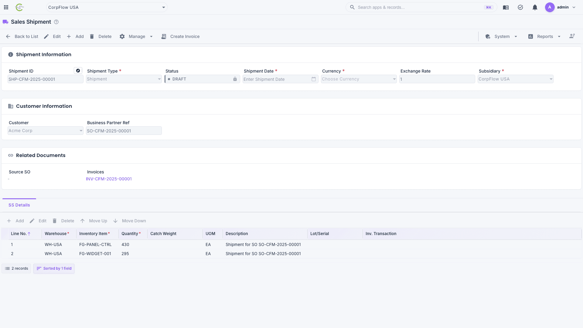CorpFlow sales shipment form with customer and line details