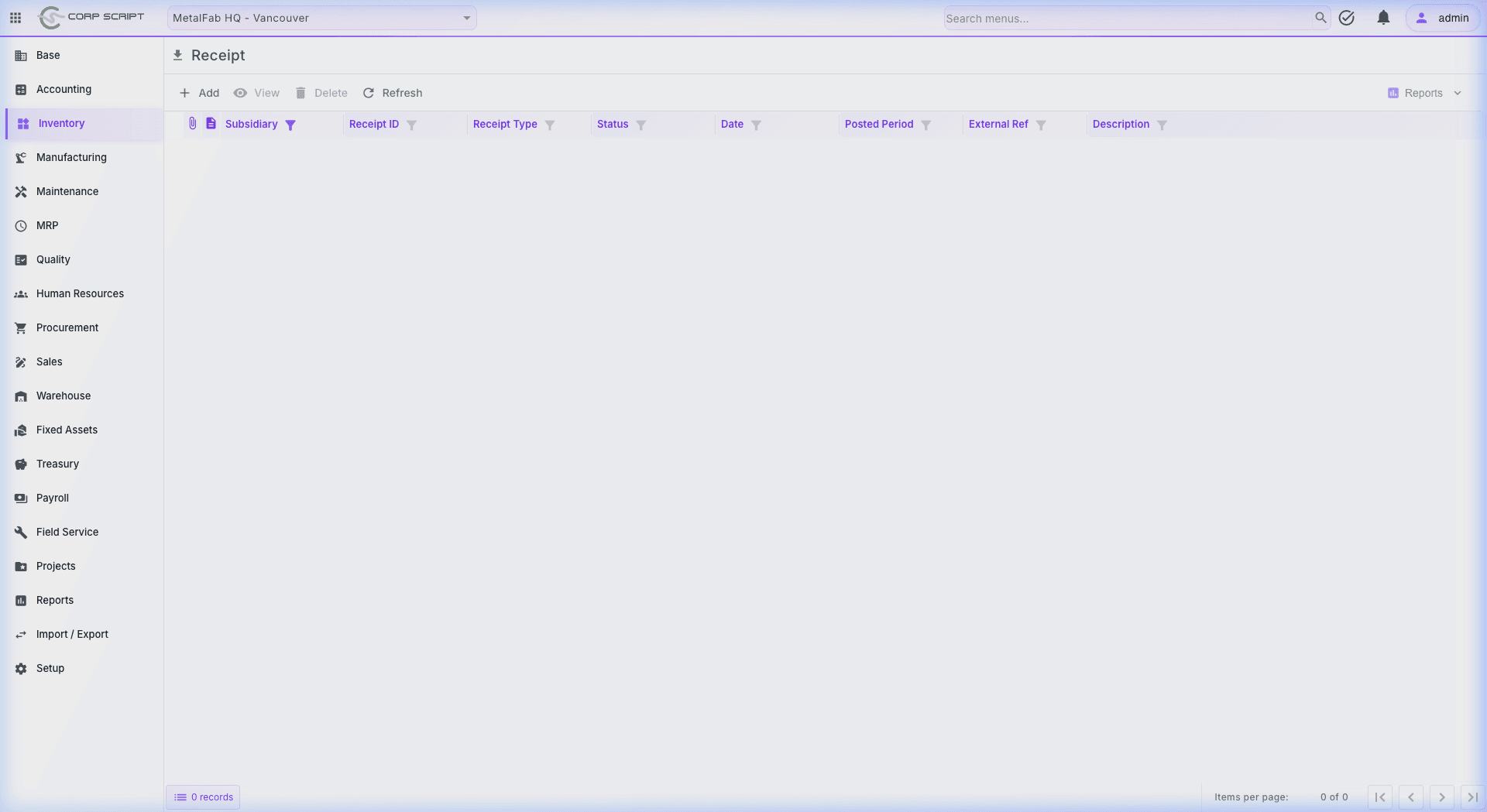 CorpScript Inventory — Receipt management screen