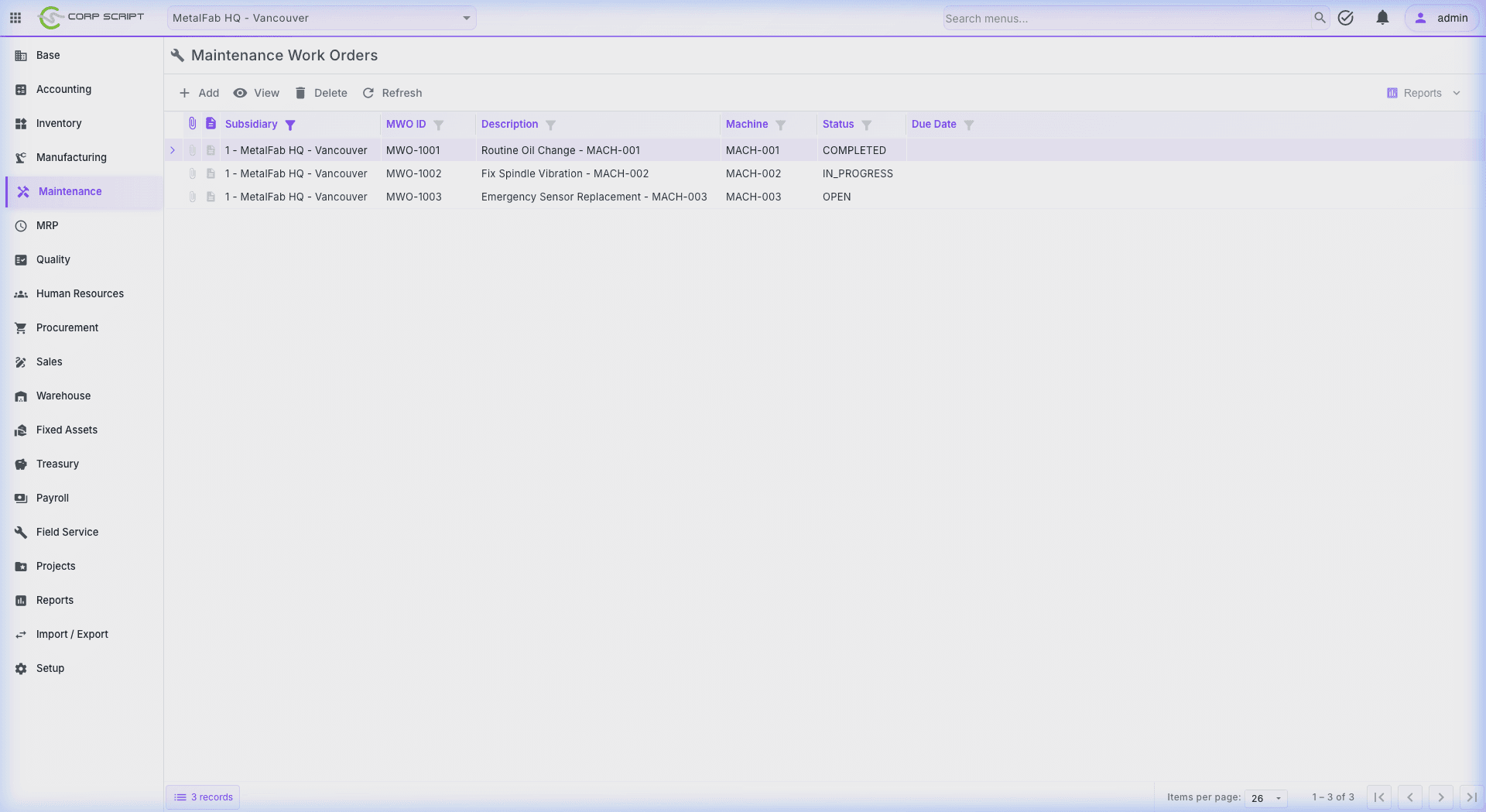 CorpScript Maintenance — Work Order management screen