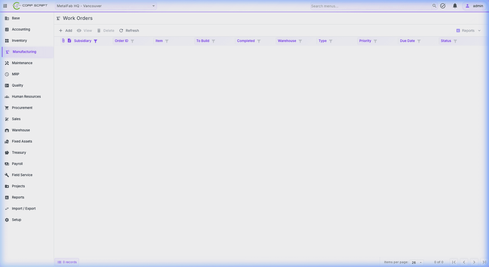 CorpScript Manufacturing — Work Orders screen